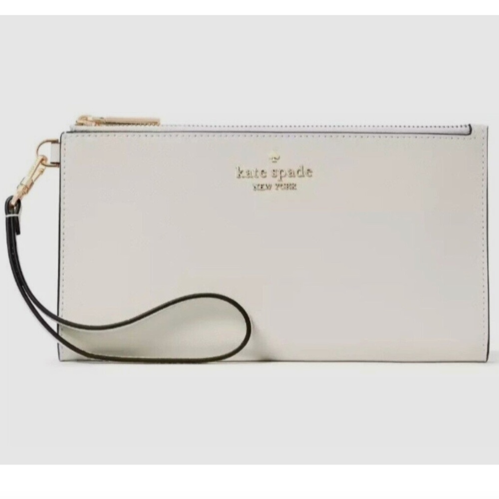 NWT New Kate Spade Madison Double Zip Medium Leather Wristlet Wallet Chalk White